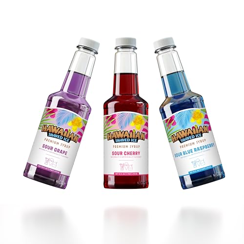 Hawaiian Shaved Ice Syrup Pint 3-pack, Sour Cherry, Sour Grape, & Sour Blue Raspberry, For Slushies, Italian Soda, Seltzers, Popsicles