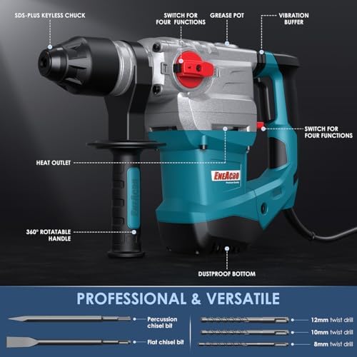 ENEACRO 1-1/4 Inch SDS-Plus 13 Amp Heavy Duty Rotary Hammer Drill | Safety Clutch, 4 Functions, Vibration Control, Includes Grease