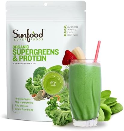 Sunfood Superfoods Organic Supergreens Blend - Greens Superfood Powder, Daily Green Juice Powder, Vegetable Smoothie Drink Mix with Chlorella, Spirulina, Alfalfa, Kale, & More - 8 oz Bag
