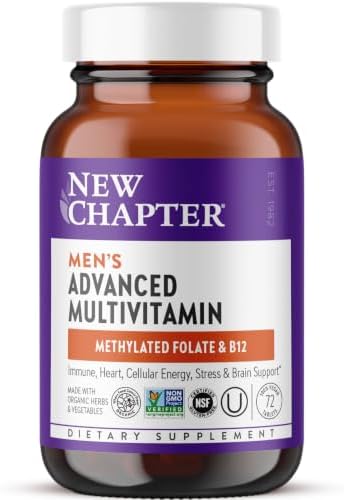 New Chapter Men's Multivitamin Advanced Formula for Stress, Brain, Immune, Heart & Energy Support, Higher Levels of Whole-Food Fermented Essential Nutrients for Men + Selenium + B Vitamins, 120 ct