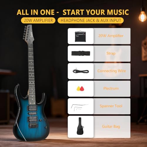 GLARRY 39" Full Size Electric Guitar Kit for Beginners, Starter Electric Guitar Set with 20W Amp & HSH Pickups, Model 170 (Black-White)