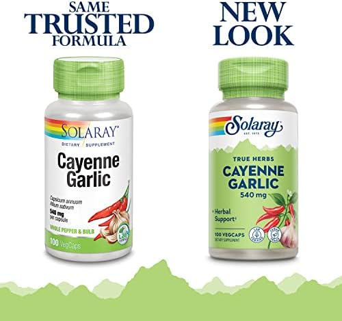 SOLARAY Cayenne Garlic 540 mg - Cayenne Pepper and Garlic Supplements with Capsaicin - Supplying 40, 000 Heat Units - Non-GMO Project Verified, Vegan