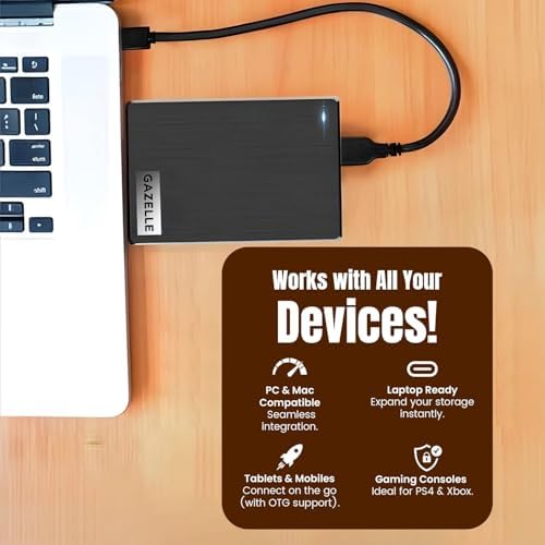 GAZELLE High-Speed 1TB Ultra Slim Portable External Hard Drive - 2-in-1 Type C & USB 3.0, Compatible with PC, Mac, Laptop, PS4, Xbox, iPad, Tablet