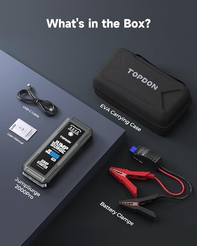 TOPDON JS2000Pro Car Battery Jump Starter, 2000A Peak 12V Portable Jump Starter Battery Pack for Up to 8.0L Gas/6.0L Diesel Engines