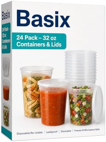 Basix Deli Containers with Lids, 32 Oz Leakproof Plastic, 24 Count | Microwave & freezer safe, for soup, snacks, leftovers, takeout & picnics