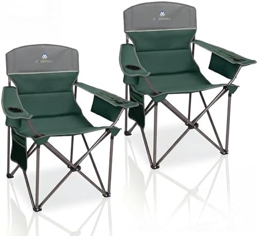 Oversized Camping Chairs 2 Pack - Heavy Duty 400LBS Padded Lawn Chair with Cooler Bag,Cup Holder,Side Pocket,Collapsible for Outdoor,Camp,Fishing & Garden,Dark Green