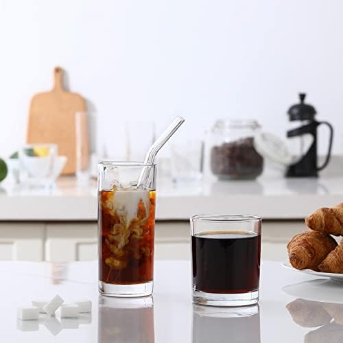 [ 12 Pack ] Glass Cups with Glass Straws, 12oz Highball & Rock Drinking Glasses, Everyday Drinkware Glasses Set, Cute Tumbler Cup