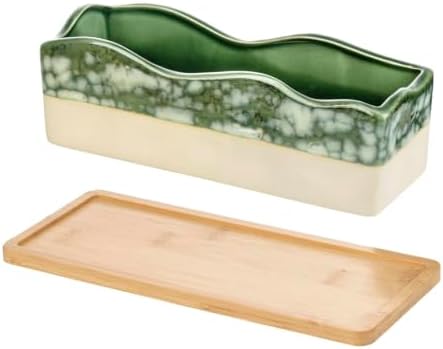 MyGift Beige Green Ceramic Glazed Rectangular Succulent Planter Pot