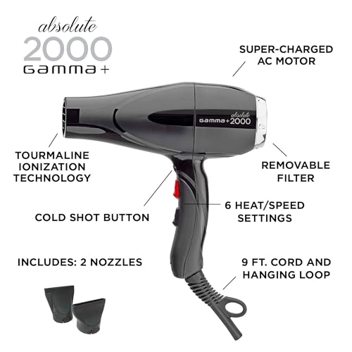 Gamma+ Absolute Power and Absolute 2000 Professional Tourmaline Ionic Unisex Hair Dryer with 2 Concentrator Nozzles