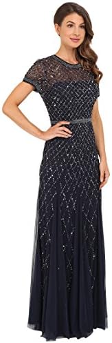 Adrianna Papell Womens Short-Sleeve Grid Beaded Gown