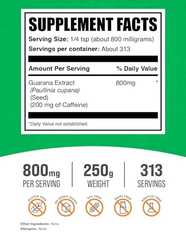 BulkSupplements.com Guarana Extract Powder - Natural Caffeine Supplement, from Guarana Seed, Guarana Powder - Gluten Free, 800mg per Serving, 100g (3.5 oz) (Pack of 1)