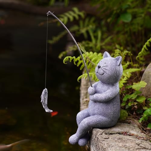 Goodeco Fisherboy Statue Garden Decor - 11" Little Fishing Guy for Koi Pond or Waterfalls, Poolside Statue with Glow in Dark Pebbles Included