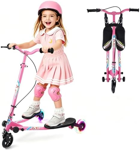 Swing Scooter for Kids, 3 Wheels Foldable Wiggle Kick Scooter Push Drifting with 4 Adjustable Handlebar & 2 Rear LED Wheel for Boys and Girls Ages 3-8