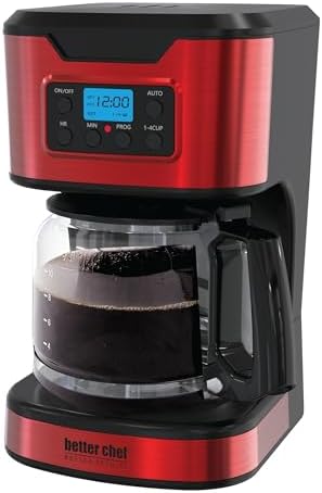 Better Chef Programmable 12-Cup Coffee Maker | 1-4 Cup Setting | Auto-Pause to Serve | 2hr Keep Warm | Perma-Filter | Stainless (Red)
