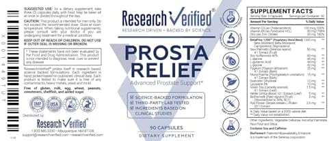 Research Verified Prosta Relief - Saw Palmetto and Bioperine - Prostate Health, Bladder & Urinary Health, Drive and Performance - Pure Natural, 90 Capsules (Pack of 1)