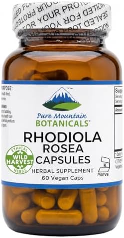 Pure Mountain Botanicals Rhodiola Rosea Supplement - 60 Capsules 250mg - Root Extract Standardized 3% Rosavins 1% Salidroside - Vegan Kosher Gluten