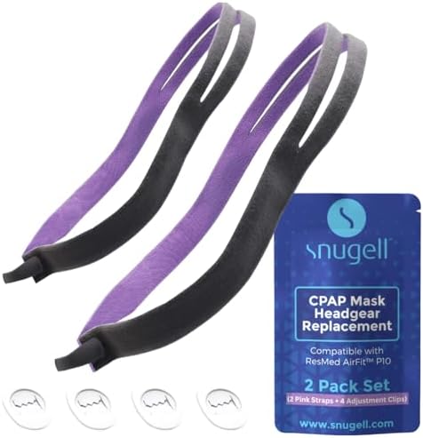Snugell Headgear Strap Replacement for CPAP Masks, 2-Pack - Compatible with ResMed AirFit P10 - Premium Elastic, Durable - Gray - 4 Adjustment Clips