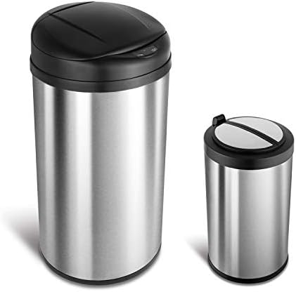 NINESTARS CB-DZT-50-98-1C Automatic Touchless Motion Sensor Oval & Rectangular Trash Can Combo Set, 13.2 Gal. 50 L. & 2.1 Gal.8 L., Stainless Steel