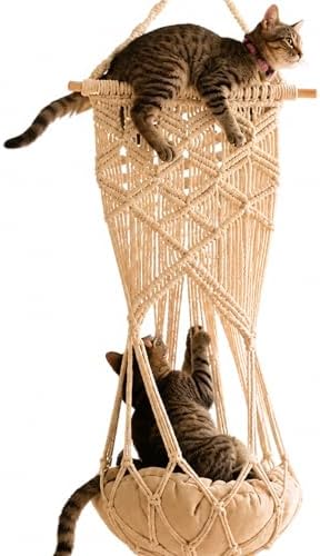 KARCEEY Macrame Cat Hammock Hanging Bed - Boho Wall Swing with Catnip Cushion for Wall Climber & Window Perch - Hardware Kit Included