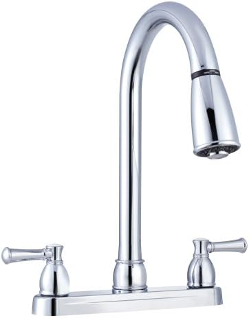 Dura Faucet DF-PK350L-SN RV Pull-Down Kitchen Sink Faucet (Satin Nickel) | Stream-to-spray sprayer with a corrosion-resistant non-metallic build. Brushed Satin Nickel. Plated ABS plastic (not metal).