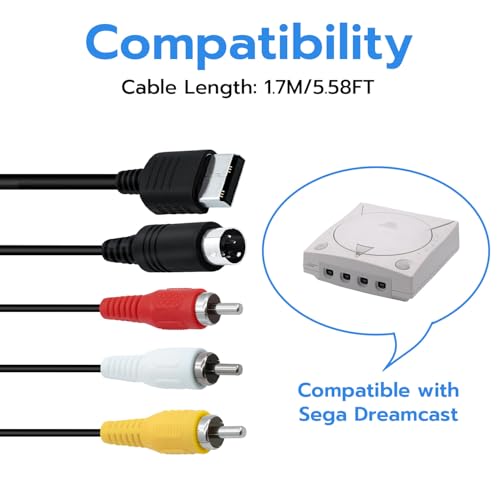 Mcbazel AV Cable for Sega Dreamcast, Composite RCA Audio Video Cord Compatible with Sega Dreamcast - 1.7M/5.58FT