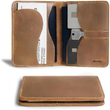 Hide & Drink, Double Passport Cover with Slots for Bills and Keys, Rustic Case, ID Organizer, Full Grain Leather, Handmade Accessories, Bourbon Brown