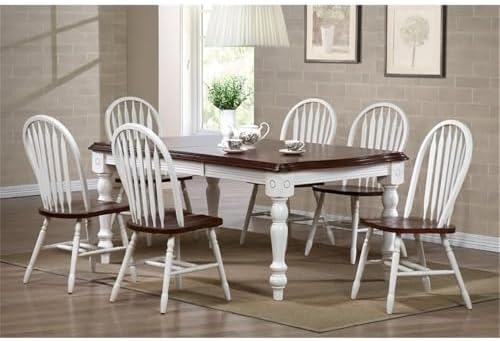 Sunset Trading Andrews Windsor Arrowback Dining Side Chair | Two Tone Antique White Chestnut Brown Solid Wood | Set of 2 Fully Assembled Sidechairs