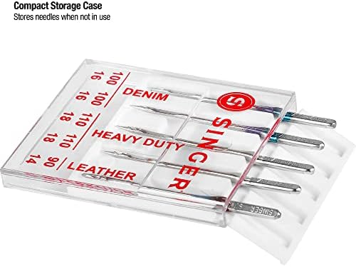 SINGER Heavy Duty Machine Needles, Denim & Leather, Assorted, 5 Count | Heavy-duty machine needles for denim, leather and heavy fabrics; 5 assorted sizes, fit SINGER and other domestic machines
