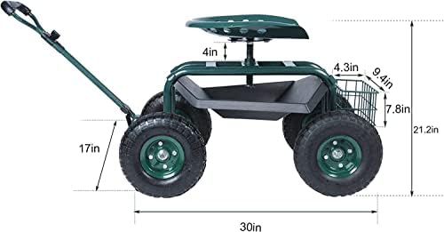 Steerable Garden Stool Cart with Tool Tray and Storage Basket on Wheels Rolling Work Seat Heavy Duty Scooter with Extendable Steer Handle Green