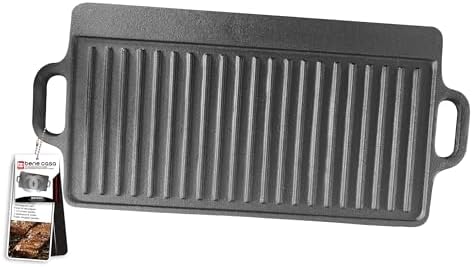 Bene Casa Reversible Cast-Iron Griddle | 20"x9"x1.5" Double Burner Pan | Flat & Ridged Surfaces for Versatile Cooking | Ideal for Stovetop, Oven
