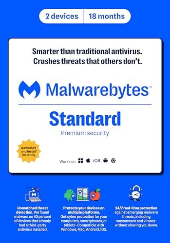 Malwarebytes Standard, Premium Security | 1 Year, 5 Device | Windows, Mac OS, Android, Apple iOS, Chrome [Online Code]