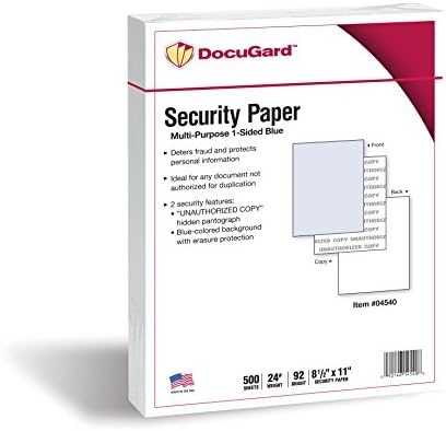 DocuGard Advanced Blue Multi-Purpose Security Paper - Fraud Prevention - 7 Security Features - Laser & Inkjet Printer Compatible - 8.5" x 11“ - 24 lb - 500 Sheets (04546)