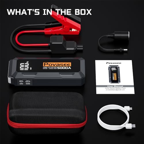 [2026NEW Model] 5000A Jump Starter with Air Compressor,Car Jumper Starter Portable with 150PSI Tire Inflator 12V Jump Box with LCD Display,Flashlight,Storage Case (Up 9L Gas/8L Diesel Engine