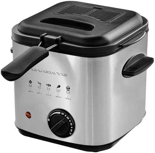 OVENTE Electric Deep Fryer, 0.9L Capacity, 840W, Silver FDM1091BR | Adjustable Temperature Knob, Locking Lid, Removable Frying Basket and Cool Touch Handle, Easy to Clean Stainless Steel Body