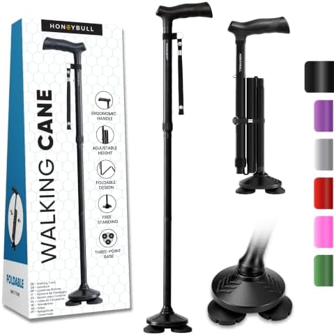 HONEYBULL Walking Cane for Men & Women, Foldable Free Standing Cane | Adjustable height, collapsible design, heavy-duty, pivot base for stable support, ergonomic handle