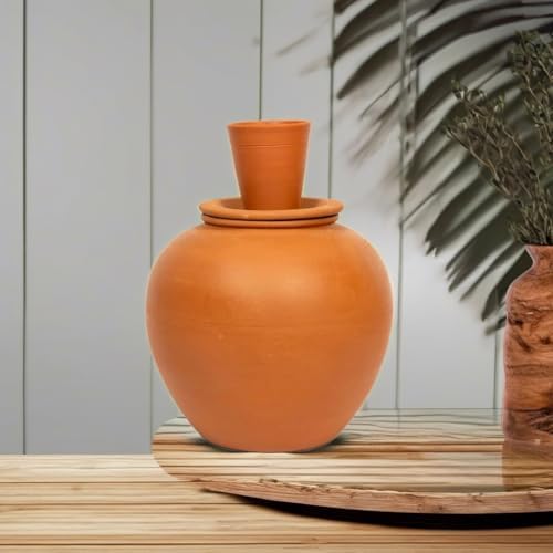 Village Decor Terracotta Water pot With Lid & Glass |Preseasoned Terracotta Mud(Capacity 6000 ml / 202 oz)