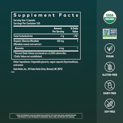 Gaia Herbs Rhodiola Rosea - Stress Support Supplement Traditionally for Supporting Healthy Stamina & Endurance* - with Siberian Rhodiola Root Extract - 60 Vegan Liquid Phyto-Caps (60 Servings)