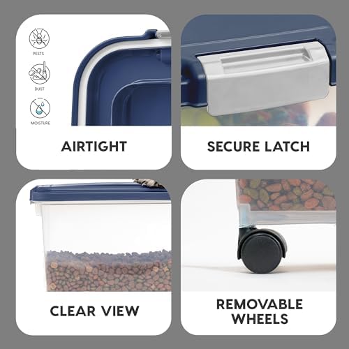 IRIS USA Dog Food Storage Container, Up to 30+11 lbs, Navy, Made in USA | Wheels for Mobility, Airtight Seal, BPA-Free, Best for Bird Seed, Cat food