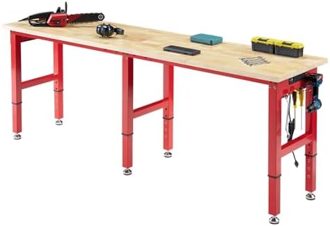Albott 44 x 20-Inch Adjustable Workbench | 2000 Lbs Capacity, Solid Rubber Wood Top, Power Outlets and Hooks, for Garage, Workshop and Home Office, Black