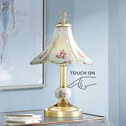 Flower Petal 16" Small Table Lamp Gold Touch Polished Brass On-Off Glass | Etched Floral Traditional Vintage Metal Bedroom House Bedside Nightstand