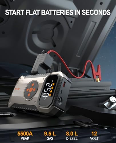 Car Battery Charger Jump Starter with Air Compressor, 4500A Jump Box for Car Battery Portable Jumper Cables with Battery Pack, 12V Jumpstart Combo 150PSI Tire Inflator Air Pump (8.5L Gas/7.0L Diesel)