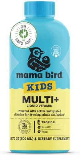 Mama Bird - Award-Winning Kids Multi+ Liquid Vitamins (31 Servings) Tropical - Active Methylated Vitamins, Kids Multivitamin - Organic Superfoods, Enzymes - Vegan, Gluten Free, Non GMO - 16 fl oz