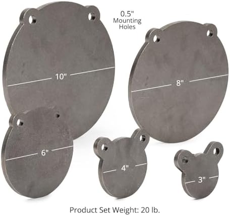 Set of 5, 3/8" AR500 Steel Gong Shooting Targets, Laser-Cut Raw Steel 3" 4" 6" 8" 10" Dia. Swing Paddles, Gong Shooting Target with Instant Feedback