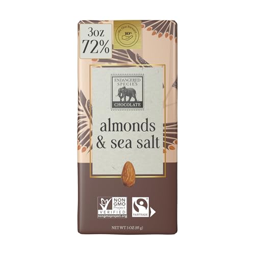 Endangered Species Dark Chocolate Bar w/Sea Salt & Almonds (72% cocoa) | Rich 72% dark chocolate with sea salt and crunchy almonds for a bold cocoa flavor and satisfying crunch.