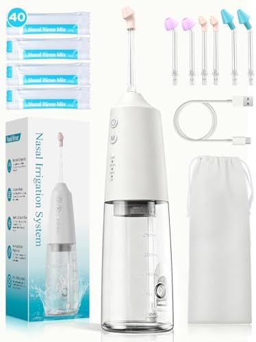 Nasal Irrigation System 300ml Tank with 6 Nozzles & 40 Salt Packets, Cordless Electric Nasal Rinse Machine for Sinus Relief & Allergies