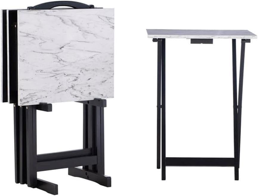 Riverbay Furniture 5 Piece TV Tray Table Set, Faux Marble Tops, Rubberwood and MDF, Brown Finish, Includes 4 Folding Tray Tables and 1 Storage Stand, Compact Design for Living Room or Home Use