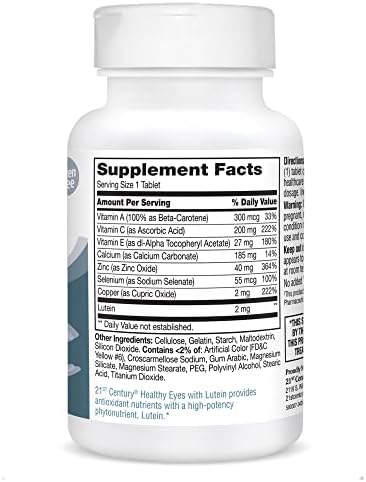 21st Century Healthy Eyes with Lutein Vision Support Tablets, 60 Count | Eye Vitamin with Lutein Plus Antioxidants A, Compare VS. Ocuvite® with Lutein, C, E, Zinc, Vision & Eye Health Support