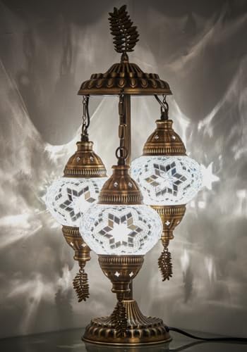 DEMMEX 3-Globe Turkish Moroccan Table Lamp, Tiffany Mosaic Glass Bedside Night Light, Handmade Colorful Mosaic Glass Globes & Antique Brass Finish Base, 21" H, Multicolor