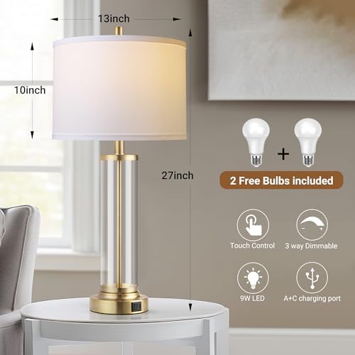 QiMH Lamps for Bedrooms Set of 2, Touch Control Table Lamps with USB A+C Ports, 3-Way Dimmable Bedside Lamp with Fabric Lampshade