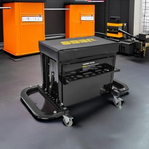 3-Drawer Rolling Tool Box Seat | 3-Drawer Rolling Tool Box Seat for supporting the driver or passenger in the vehicle; steel and rubber construction